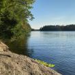 View of a river as seen from a boulder shoreline