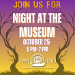 Purple to yellow gradient background with text " join us for night at the museum October 25 5-7pm" below is the Owls Head Transportation Museum logo.