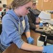 Teen girl looks into microscope