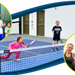 Kids and adults playing or posing on pickleball and tennis courts