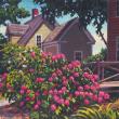 painting of pink rose bush in front of houses