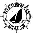 Five Town CSD and MSAD 28 Logo image. A ship's wheel with a two sailed sail boat on water, with the district names and two anchors around it.