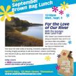A sky blue and white poster advertising the September 9th Brown Bag Lunch at Watts Hall. It features a picture of the St. George River and a picture of a brown paper lunch bag. The text on the poster is transcribed in the body of this article.