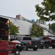 parking lot scene with ambulance, ladder truck