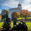 man, sculptures, capitol building in background