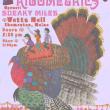 A pastel purple poster featuring a giant turkey ridden by the band members of Rigometrics.