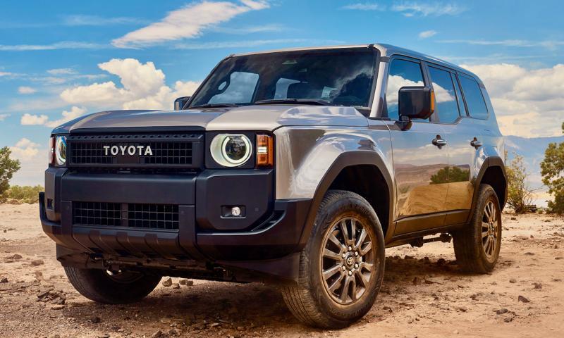 Completely new, this umpteenth version of the Land Cruiser, the 250 Series, appeared in the US last year as a relatively compact (though not small) two-row ute with a hybrid gas-electric drivetrain and serious off-road hard- and software. This color is called Meteor Shower.