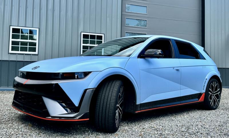 The Ioniq 5 N, an award-winning paragon of power, performance and value, raises the hot-hatch bar to new heights. This color is un-shiny Performance Blue Matte over Black.