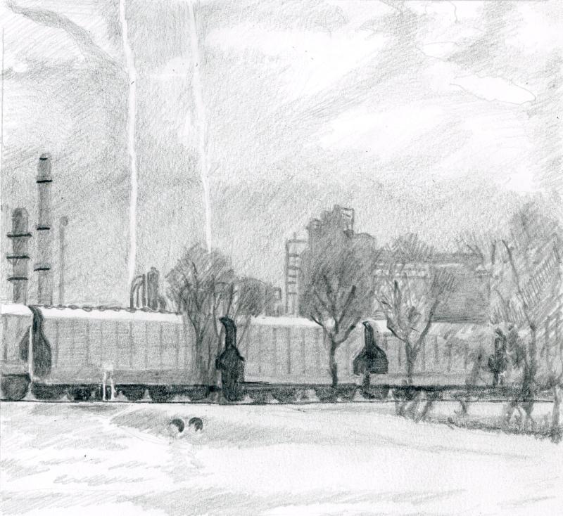 Lightning and trains (Drawing by Rick Cronin)