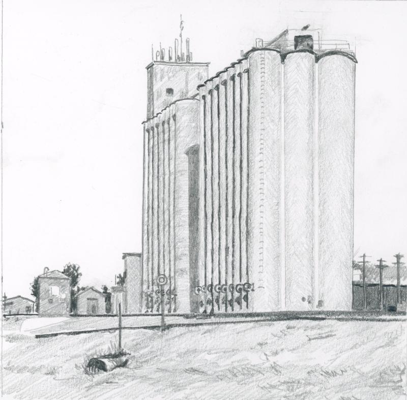 Grain elevators, Lowell, Kansas (Drawing by Rick Cronin)