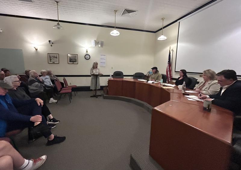 Forum moderator Rep. Vicki Doudera, who represents Camden and Rockport in Augusta, leads the forum of candidates Geoff Scott, Sara Skrivanich, Bobbi Oxton Blake and Chris Nolan May 18, in the French Meeting Room on Washington, St., Camden.
