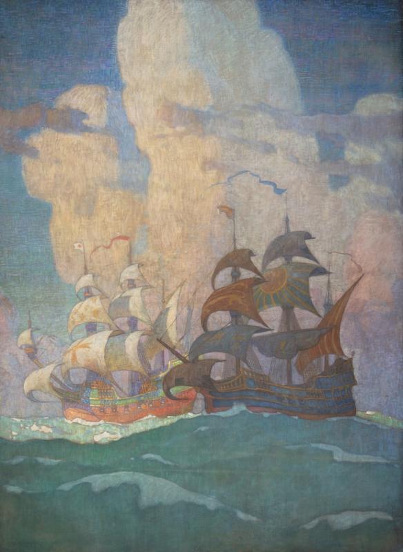 Newell Convers (N.C.) Wyeth (1882-1945), The Elizabethan Galleons, 1924, oil on canvas, 175 x 132 inches, Collection of Farnsworth Art Museum, Gift of Bank of America, 2026.6.4. Image courtesy the Bank of America / Photography by Joel Plotkin.