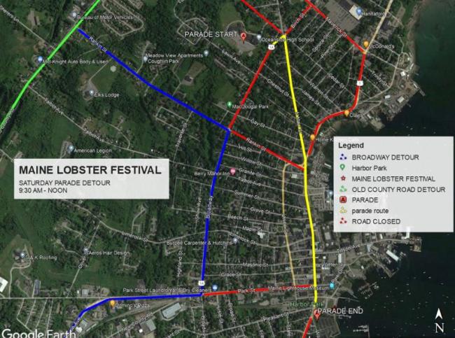 Road closures, detours for 2025 Lobster Festival parade in Rockland, Saturday, Aug. 2, 2025. (Image courtesy Rockland Police Dept.) 