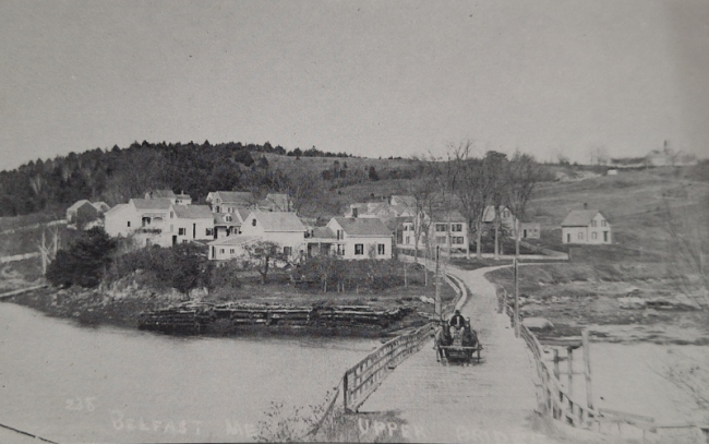 A picture of the first bridge in Belfast, built in 1801 at the Narrows. (photo courtesy of the Belfast Historical Society and Museum)