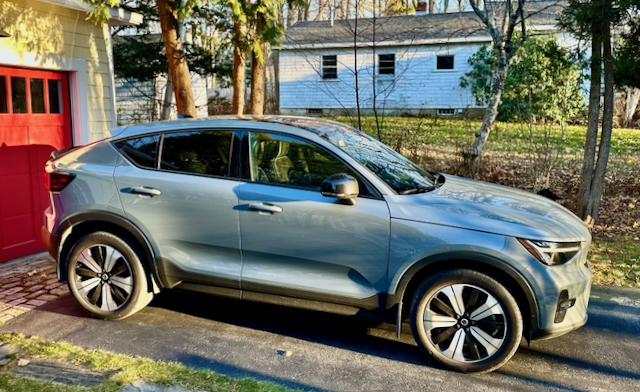 The all-wheel-drive Volvo C40 Recharge Twin Motor offers about 230 miles of warm-weather range and, despite its teddy-bear vibe, 402 horsepower and 495 pound-feet of torque. Volvo calls this color Thunder. 