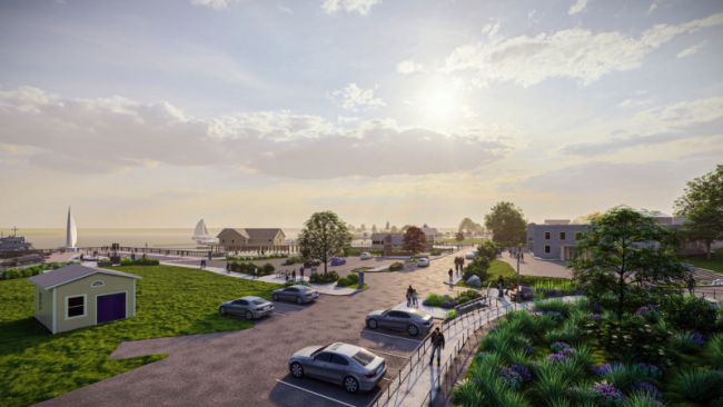 Pier on left. One Park Drive on right