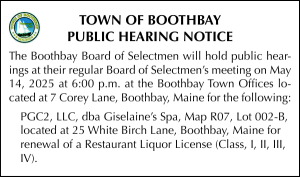 Town of Boothbay Public Hearing Liquor License 5-14-25 