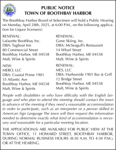 Town of Boothbay Harbor Public Hearing Liquor Licenses 4-28-25