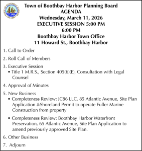 Town of Boothbay Harbor Planning Board Agenda 3-11-26