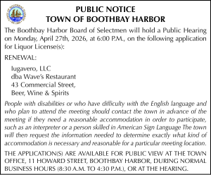 Town of Boothbay Harbor Public Hearing Liquor Licenses 4-27-26