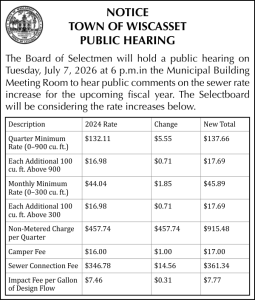 Town of Wiscasset PH July 7 Sewer Rate Increase