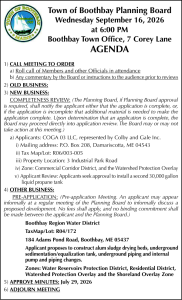 Town of Boothbay Planning Board Agenda Meeting 9-16-26
