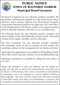 Town of Boothbay Harbor Municipal Board Vacancies 