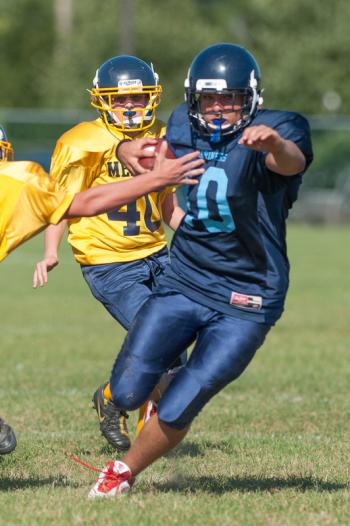 Oceanside versus Medomak Middle School preseason football scrimmage. Photo by Ron Hawkes