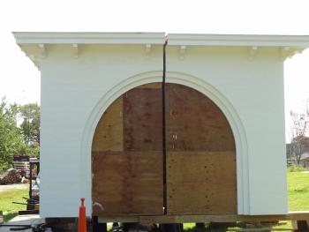 A reconstructed section of the Stockton Springs Community Church steeple awaits installation. The church has raised money for five years to replace the historic steeple, removed in 2008. (Photo courtesy of Peter Hardester)