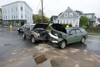 Cars belonging to Alicia Carr of Warren and Doreen Poland of Owls Head were totaled in Saturday's accident in Rockland. (Photo courtesy Steve Waterman)