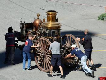 Back in the late 1800s, a pair of horses would make easy work of moving this antique steam fire pumper.