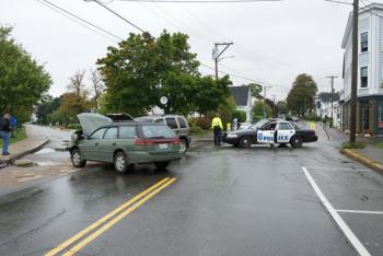 The accident in Rockland Saturday occurred near the intersection of Water Street and South Main, in front of Sweets and Meats Market. (Photo courtesy Steve Waterman)