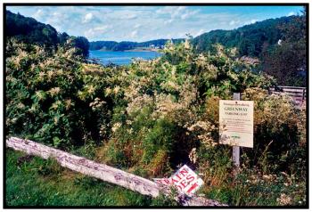 BELFAST – Parking lot, old Upper Bridge Crossing. A new sign marks the future site of the Passy Greenway, a recreational trail slated to replace the railroad tracks outside of Belfast. On the ground, a sign for the excursion train rides that currently operate on the track.