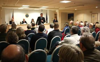Dan Bookham addresses the audience at the start of the Oct. 19 candidate's forum in Rockport. (Photo by Holly S. Edwards)
