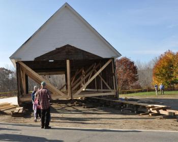 In the weeks prior to the move, the old schoolhouse building was shored up inside. (Photo courtesy Barbara Hatch)