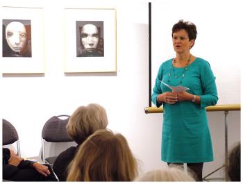 Julie Richard, newly appointed director of the Maine Art Commission in August, addresses a group of 60 people on the topic of the creative economy, at Waterfall Arts, Oct. 31. (Photo by Ethan Andrews)