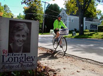 Waldo County Judge of Probate Susan Longley has been campaigning by bike for reelection. (Photo by Ethan Andrews)