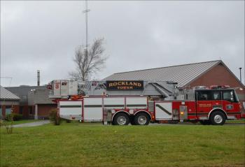 Rockland Fire Department responded to a report of smoke at the jail with its ladder truck. (Photo by Lynda Clancy)