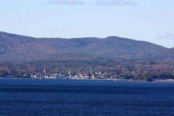 Zooming in, Camden's harbor and its three distinctive spires can be seen from atop the fire tower on Lasell Island. (Photo by Holly S. Edwards)