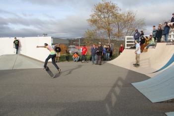 Skater Tristan Anderson performs a move during a game of S.K.A.T.E.
