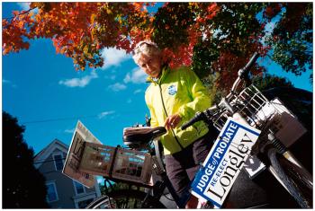 BELFAST – Waldo County Judge of Probate Susan Longley during her bicycle campaign for reelection.
