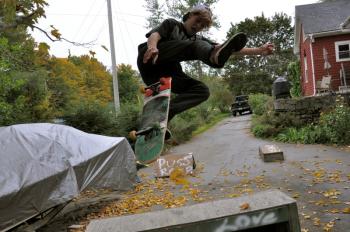 GNARK founder Brennan Moore, of Belfast, skates at the house of teammate Hunter Finden. (Photo by Wes Sterrs)
