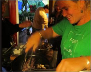 Ladleah approaches food like jazz improvisation, choosing phrases and contours of flavors that drop in harmoniously to the original recipe. Here, she braises rabbits with garden ingredients,