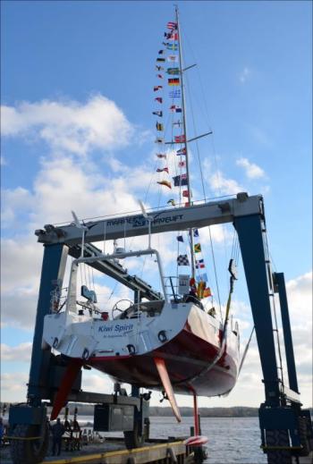 The Kiwi Spirit in the slings at Lyman Morse Boatbuilding Co. in Thomaston, just before her launch.