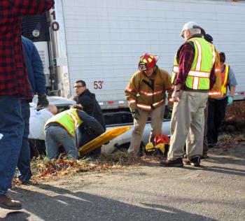 Crews prepare to remove Floyd Hews of Searmont from his pickup truck after an accident in Rockport late Sunday morning. (Photo by Holly S. Edwards)