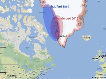 A map showing the general area of travel during the 1869 Bradford Expedition (blue) and last summer's expedition by the Wanderbird (red).