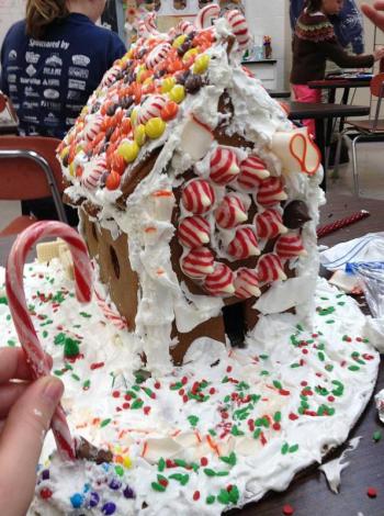 Nearly finished gingerbread houses Monday afternoon. (Photo courtesy Kristen Andersen)