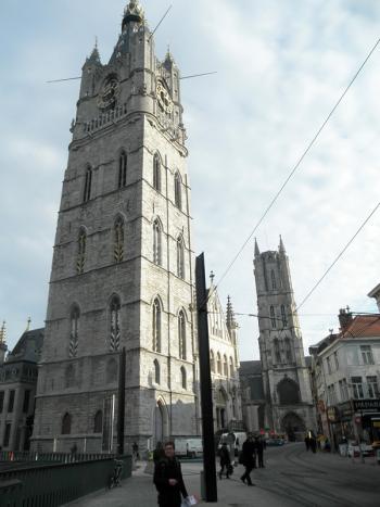 The belfry, cathedral number two just behind. Kevin, our fearless map-interpreter, in the direct foreground. (Photo by Ari Snider)