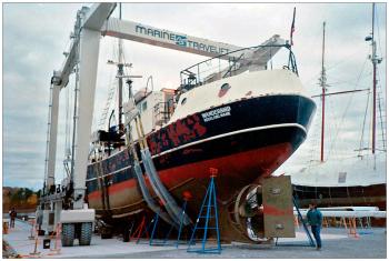 BELFAST - The Belfast-based Wanderbird in the 150-ton travel lift at Front Street Shipyard shortly before attempts to bring it ashore were abandoned. The Shipyard has asked the city to add a larger lift and new building to its waterfront complex.