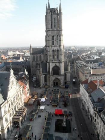 From the other side of the belfry, looking at cathedral number two, Christmas market below. From my understanding, the cathedrals were built by two of Ghent's most influential families, in the same spirit with which one might buy a larger car to impress one's neighbors.